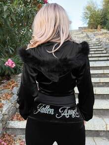 Grunge Punk ROMWE X Lorella Y2K Velvet Rhinestone Graphic Cropped Hoodie & Low-Rise Flare Pant2 Piecesce Set For Women - Black - View 3