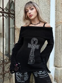 Goth ROMWE X Lorella Spring/Summer Casual Black Graphic Halloween Punk Ripped Design Ankh Cross Embroidery Cinched Off Shoulder Camisole Sweater - Black - View 4