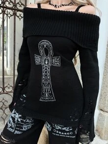 Goth ROMWE X Lorella Spring/Summer Casual Black Graphic Halloween Punk Ripped Design Ankh Cross Embroidery Cinched Off Shoulder Camisole Sweater - Black - View 3