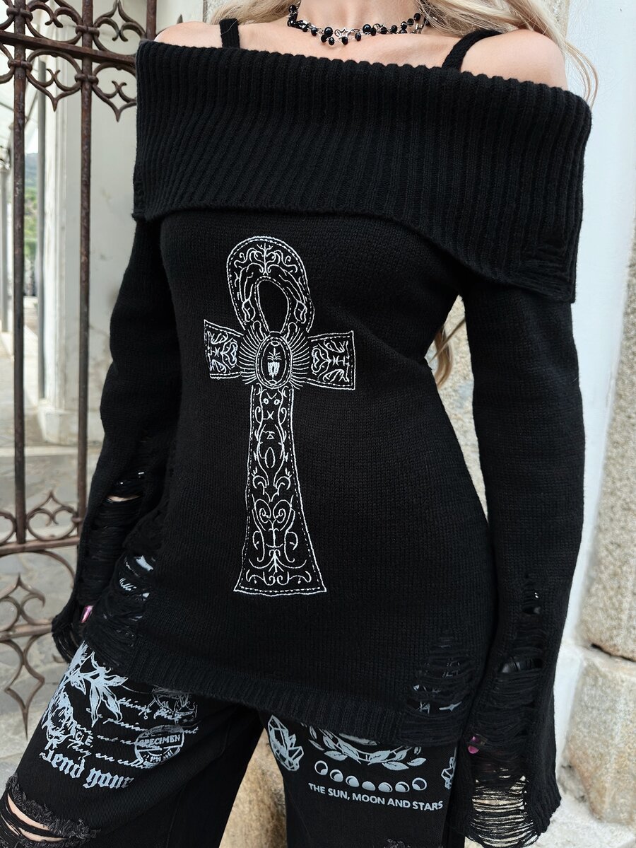Goth ROMWE X Lorella Spring/Summer Casual Black Graphic Halloween Punk Ripped Design Ankh Cross Embroidery Cinched Off Shoulder Camisole Sweater - Black - View 1