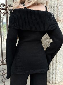 Goth ROMWE X Lorella Spring/Summer Casual Black Graphic Halloween Punk Ripped Design Ankh Cross Embroidery Cinched Off Shoulder Camisole Sweater - Black - View 5