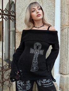 Goth ROMWE X Lorella Spring/Summer Casual Black Graphic Halloween Punk Ripped Design Ankh Cross Embroidery Cinched Off Shoulder Camisole Sweater - Black - View 1
