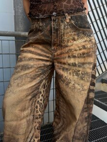 Hippie ROMWE X Lorella Y2K Chic Leopard Print Casual Relaxed Fit Low Waist Distressed Wide Leg Jeans For Women - Coffee Brown - View 4