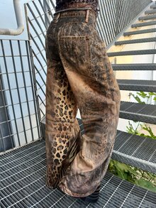 Hippie ROMWE X Lorella Y2K Chic Leopard Print Casual Relaxed Fit Low Waist Distressed Wide Leg Jeans For Women - Coffee Brown - View 2