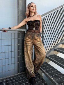 Hippie ROMWE X Lorella Y2K Chic Leopard Print Casual Relaxed Fit Low Waist Distressed Wide Leg Jeans For Women - Coffee Brown - View 5