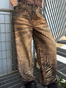 Hippie ROMWE X Lorella Y2K Chic Leopard Print Casual Relaxed Fit Low Waist Distressed Wide Leg Jeans For Women - Coffee Brown - View 3