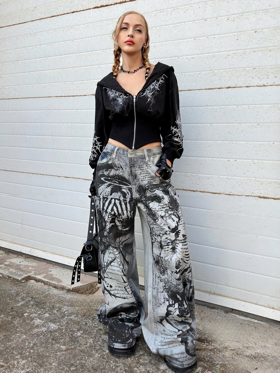 Grunge Punk ROMWE X Lorella Spring/Summer Casual Dark Punk Cross Skull Angel Spider Slogan All-Over Print Women Wide Leg Jeans - Blue - View 1