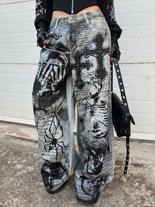 Grunge Punk ROMWE X Lorella Spring/Summer Casual Dark Punk Cross Skull Angel Spider Slogan All-Over Print Women Wide Leg Jeans - Blue - View 2