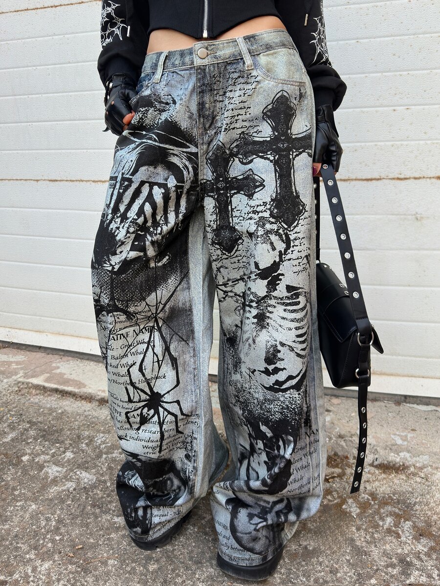 Grunge Punk ROMWE X Lorella Spring/Summer Casual Dark Punk Cross Skull Angel Spider Slogan All-Over Print Women Wide Leg Jeans - Blue - View 1