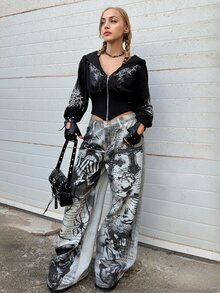 Grunge Punk ROMWE X Lorella Spring/Summer Casual Dark Punk Cross Skull Angel Spider Slogan All-Over Print Women Wide Leg Jeans - Blue - View 3