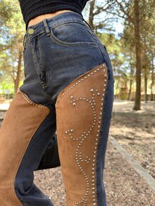 ROMWE X Lorella Jean Évasé Taille Basse Femme Style Hippie Western Cowgirl en Daim Patchwork Vintage Usé - Multicolore - Voir 3
