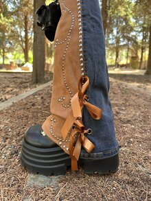 ROMWE X Lorella Jean Évasé Taille Basse Femme Style Hippie Western Cowgirl en Daim Patchwork Vintage Usé - Multicolore - Voir 4