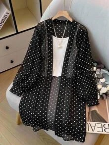 SHEIN CURVE+ 輕量長袖波點開襟大尺碼夏季夾克 - 黑與白 - 查看 3