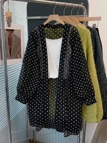 SHEIN CURVE+ 輕量長袖波點開襟大尺碼夏季夾克 - 黑與白 - 查看 4