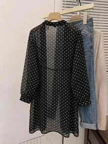 SHEIN CURVE+ 輕量長袖波點開襟大尺碼夏季夾克 - 黑與白 - 查看 2