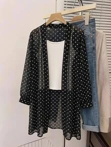 SHEIN CURVE+ 輕量長袖波點開襟大尺碼夏季夾克 - 黑與白 - 查看 6