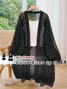 SHEIN CURVE+ 輕量長袖波點開襟大尺碼夏季夾克 - 黑與白 - 查看 9