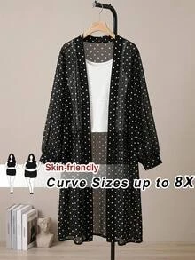 SHEIN CURVE+ 輕量長袖波點開襟大尺碼夏季夾克 - 黑與白 - 查看 5
