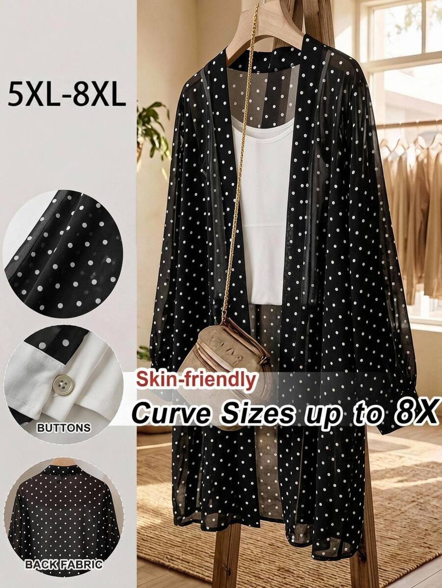 SHEIN CURVE+ 輕量長袖波點開襟大尺碼夏季夾克 - 黑與白 - 查看 1