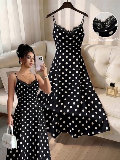 GlowEve Women's Black And White Polka Dot Summer 1960s Vintage Tea Party Dress,Lace Patchwork Ruffled Sleeveless Spaghetti Strap Fitted Elegant Fashion Dress