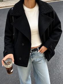Flirla 2026新款女式短夾克:羊毛面料搭配人造毛飾邊,適合日常穿著與旅行,黑色,秋季/休閒優雅風辦公 - 黑色 - 查看 2