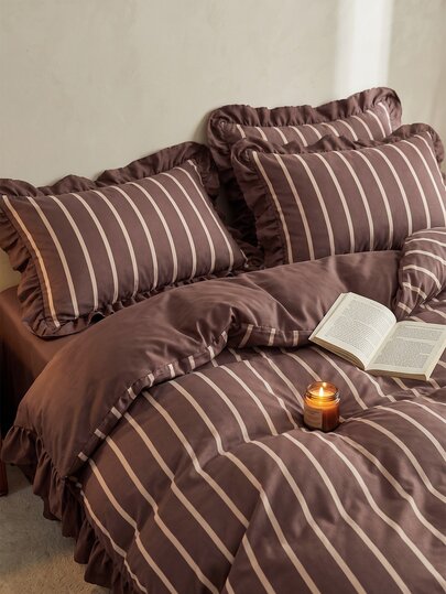 2/3pcs Ruffle Duvet Cover Set, Dorm Bedding, Brown Striped Bedding Set, Cozy Room Decor, Skin-Friendly Breathable, Super Soft Anti-Pilling, No Duvet Insert, Suitable For Single/Double/Queen/King Size Beds, All Season, Machine Washable, Back To School