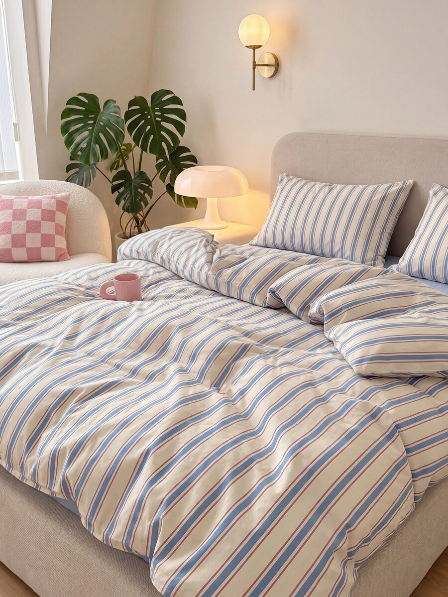 3pcs Back To School Season Nordic Minimalist Style Ins Striped Plaid Bedding Set 2 Pillowcases + 1 Duvet Cover Set (Excluding Bed Sheet And Inner Core)