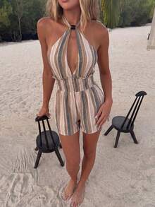 Swim Vcay Women's Elastic Waist Tie Backless Halter Neck Striped Romper, Perfect For Beach Vacation - Brown - View 7