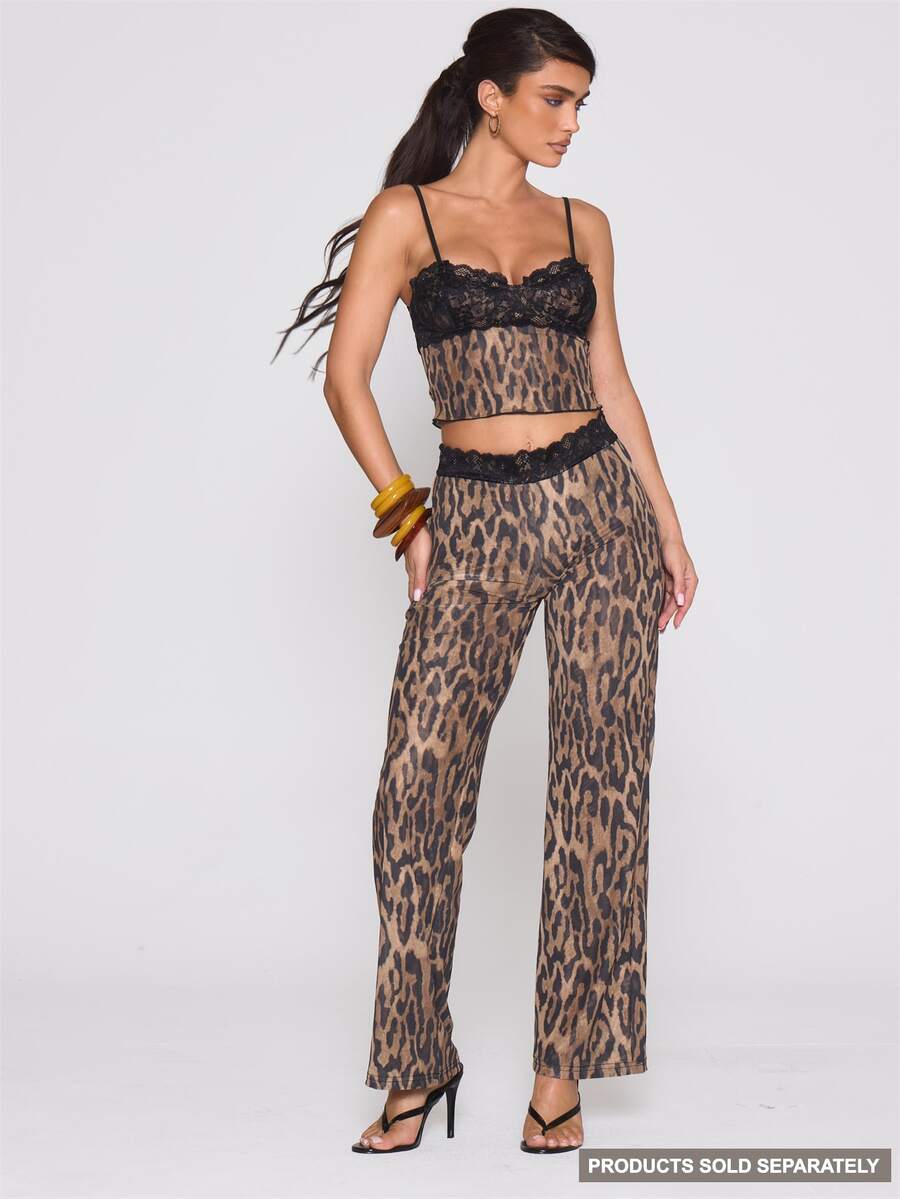 MUSERA Lace Trimmed Waist Leopard Print Mesh Trouser Autumn Winter Fall ...