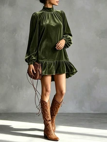 SHEIN 橄欖綠天鵝絨洋裝，小高領燈籠袖荷葉邊下擺，秋季優雅感恩節晚餐派對穿搭 - 綠色 - 查看 4