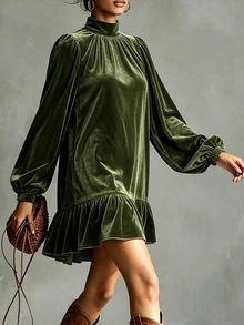 SHEIN 橄欖綠天鵝絨洋裝，小高領燈籠袖荷葉邊下擺，秋季優雅感恩節晚餐派對穿搭 - 綠色 - 查看 6