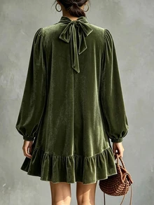 SHEIN 橄欖綠天鵝絨洋裝，小高領燈籠袖荷葉邊下擺，秋季優雅感恩節晚餐派對穿搭 - 綠色 - 查看 2