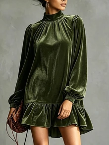 SHEIN 橄欖綠天鵝絨洋裝，小高領燈籠袖荷葉邊下擺，秋季優雅感恩節晚餐派對穿搭 - 綠色 - 查看 3