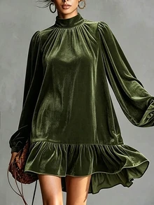 SHEIN 橄欖綠天鵝絨洋裝，小高領燈籠袖荷葉邊下擺，秋季優雅感恩節晚餐派對穿搭 - 綠色 - 查看 1