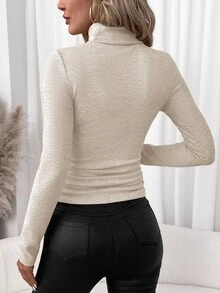 Editum Women's Solid Color High Neck Long Sleeve Slim Fit Base Layer T-Shirt - Apricot - View 2
