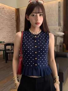 Serisse 女款圓點百褶休閒百搭日常針織上衣 - 藏蓝色 - 查看 1