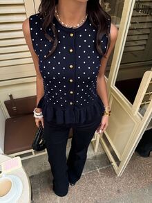 Serisse 女款圓點百褶休閒百搭日常針織上衣 - 藏蓝色 - 查看 10