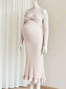 Modmama Maternity Solid Color Hollow Out Stand Collar Twist Front Long Sleeve Pink Autumn Elegant Baby Shower Pregnant Dress For Photoshoot Long Party Dress - Apricot - View 8