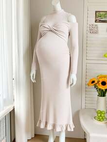 Modmama Maternity Solid Color Hollow Out Stand Collar Twist Front Long Sleeve Pink Autumn Elegant Baby Shower Pregnant Dress For Photoshoot Long Party Dress - Apricot - View 9