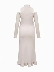 Modmama Maternity Solid Color Hollow Out Stand Collar Twist Front Long Sleeve Pink Autumn Elegant Baby Shower Pregnant Dress For Photoshoot Long Party Dress - Apricot - View 2