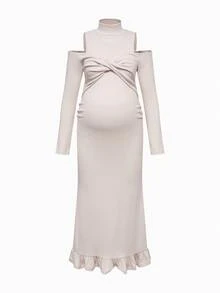 Modmama Maternity Solid Color Hollow Out Stand Collar Twist Front Long Sleeve Pink Autumn Elegant Baby Shower Pregnant Dress For Photoshoot Long Party Dress - Apricot - View 4