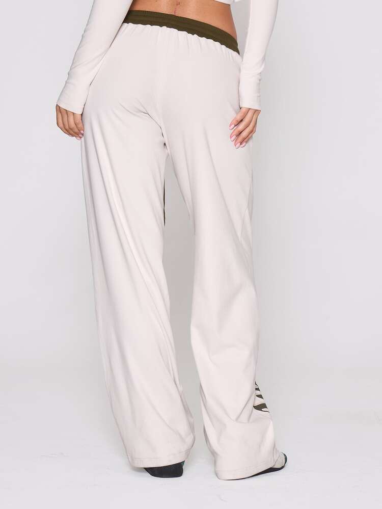 MUSERA Graphic Slogan Printed Striped Elasticated Drawstring Waist Jogger Autumn Winter Fall Coolgirl Holiday Everyday Roadside Renegade - Cream - View 4