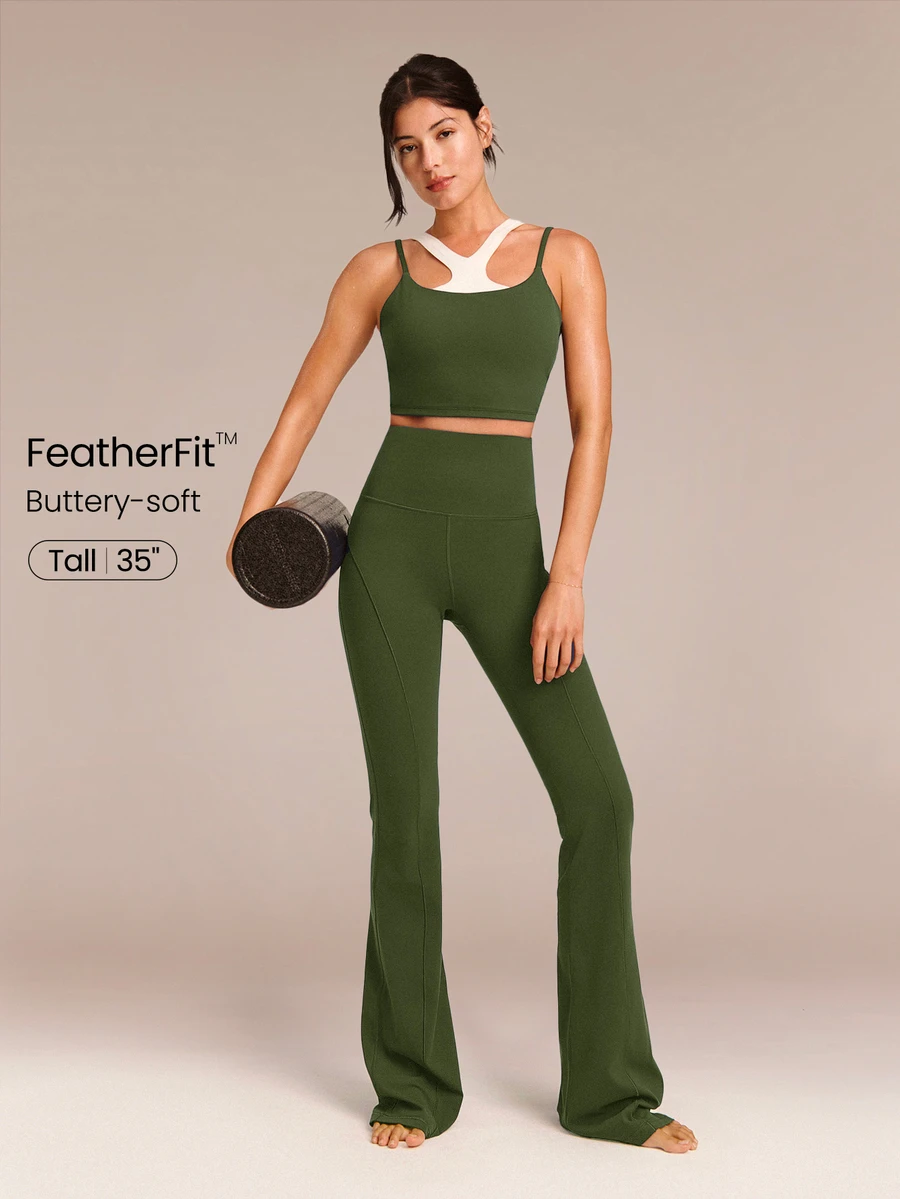 GLOWMODE 35" FeatherFit™ Go Groove Ultra Long Flare Leggings Low Impact Yoga Pilates Studio Daily Casual Wear Spring Summer - Army Green - View 1