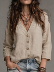 OPHERINE Women's New V-Neck Blouse, Versatile Casual Vacation Style - Apricot - View 5