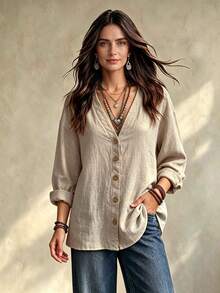 OPHERINE Women's New V-Neck Blouse, Versatile Casual Vacation Style - Apricot - View 1