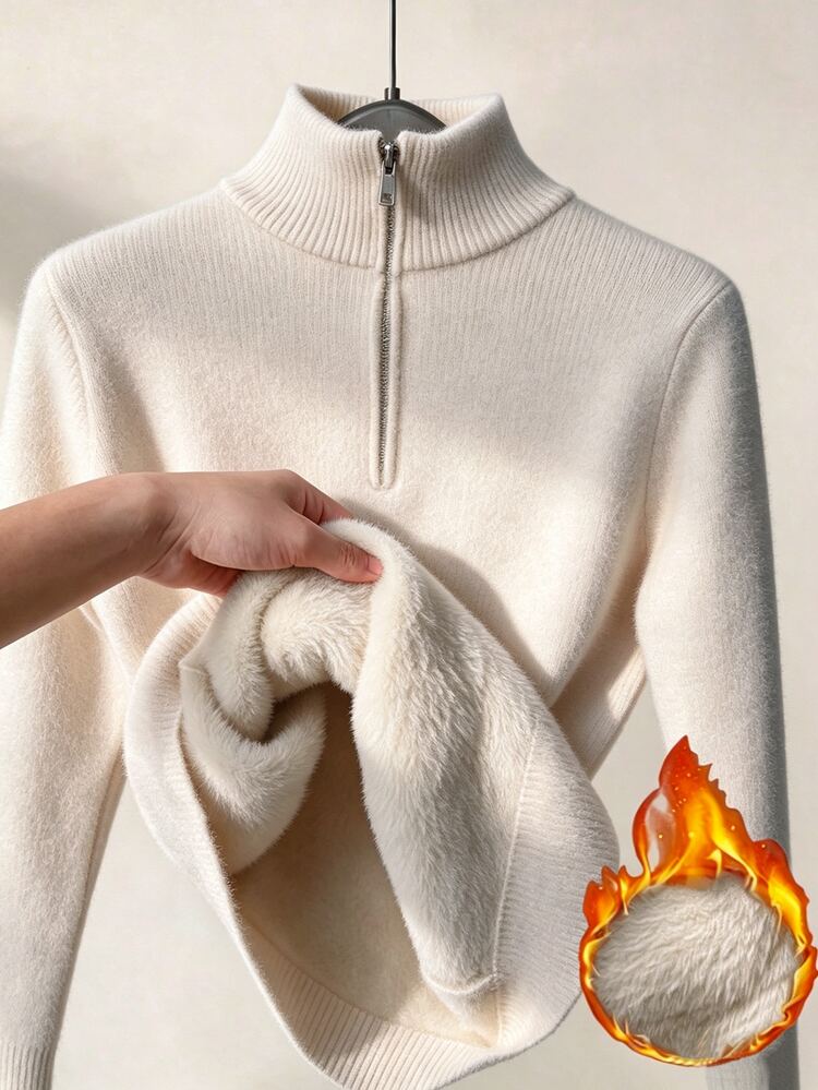 SHEIN Franclia Women Half Zip Mock Neck Ribbed Knit Sweater, Slim Fit Long Sleeve Stretch Knit Top, Casual Autumn Win Everyday Off-White - Apricot - View 3