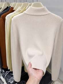 SHEIN Franclia Women Half Zip Mock Neck Ribbed Knit Sweater, Slim Fit Long Sleeve Stretch Knit Top, Casual Fall Win - Apricot - View 2