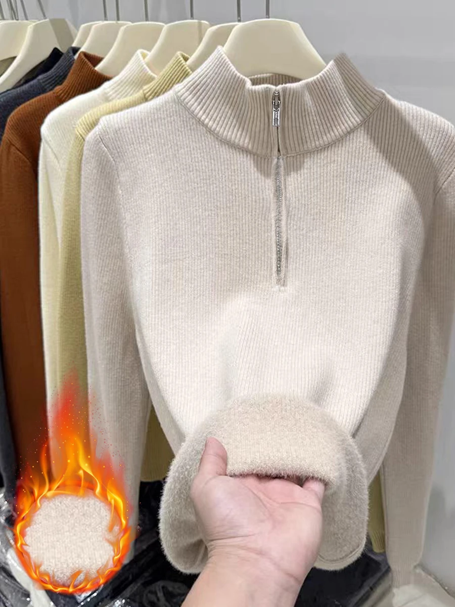 SHEIN Franclia Women Half Zip Mock Neck Ribbed Knit Sweater, Slim Fit Long Sleeve Stretch Knit Top, Casual Fall Win - Apricot - View 1