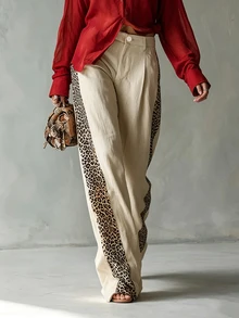 SHEIN Women's Vintage Leopard Print Patchwork Wide Leg Pants, Fall Textured Linen High Waist Pleated Draped Straight Leg Casual Loose Slimming Beige Holiday - Apricot - View 3