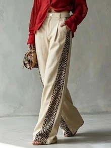 SHEIN Women's Vintage Leopard Print Patchwork Wide Leg Pants, Fall Textured Linen High Waist Pleated Draped Straight Leg Casual Loose Slimming Beige Holiday - Apricot - View 4
